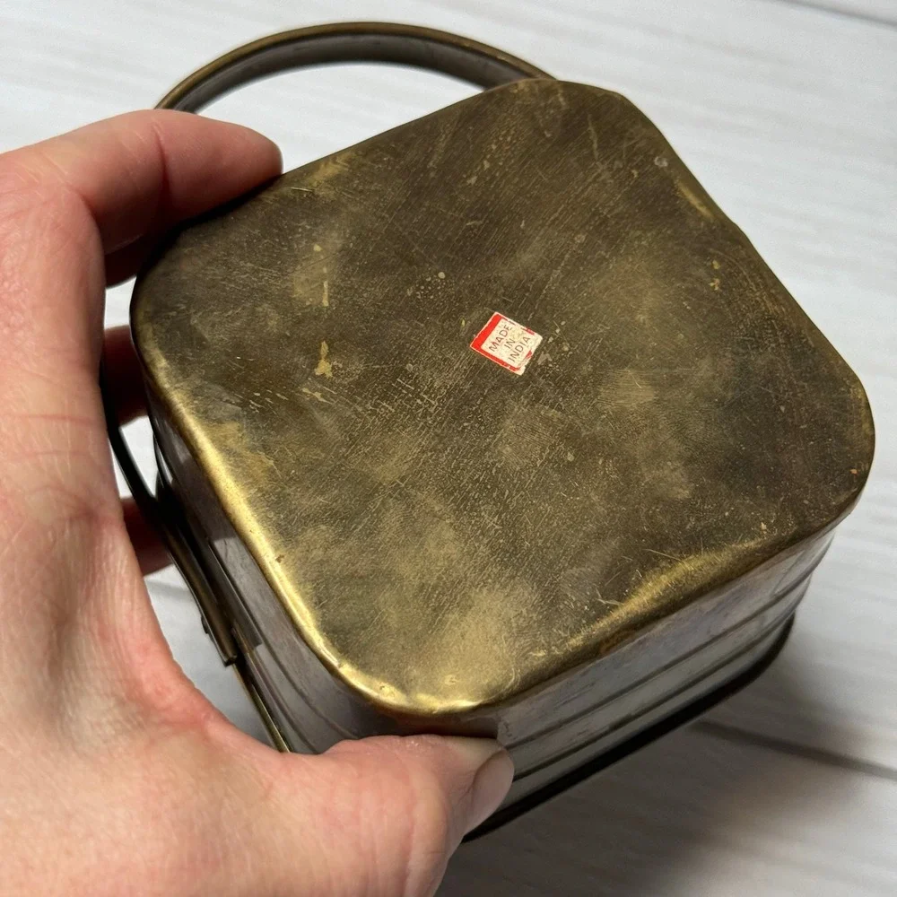 Vintage Brass Square Basket Small Handle Pot Planter Trinket Dish Made‎ India